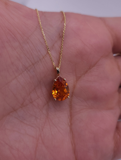 14Kt Gold 1.50 Ct Orange Citrine Teardrop Pendant Necklace