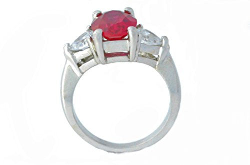 4 Ct Created Ruby Oval & White Topaz Heart Ring .925 Sterling Silver Rhodium Finish