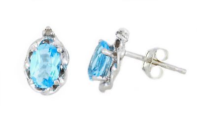 1 Ct Blue Topaz & Diamond Oval Stud Earrings .925 Sterling Silver