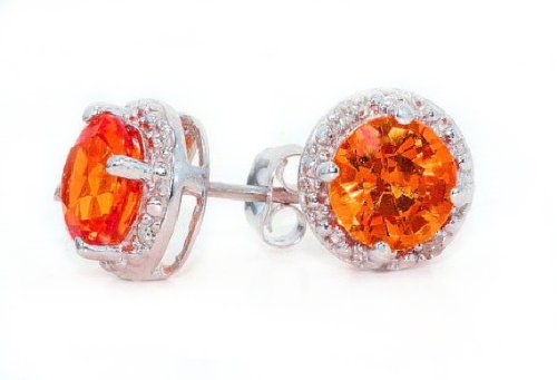 2 Ct Orange Citrine Round Diamond Stud Earrings .925 Sterling Silver