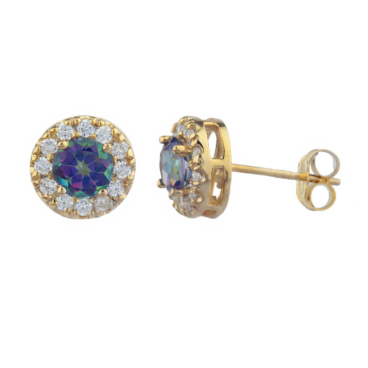 14Kt Gold 1 Ct Natural Mystic Topaz Halo Design Stud Earrings