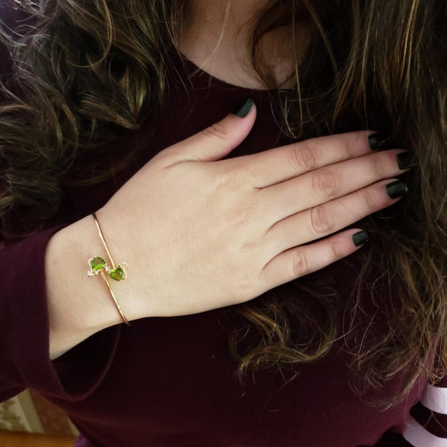 14Kt Gold Peridot & Diamond Devil Heart Bangle Bracelet