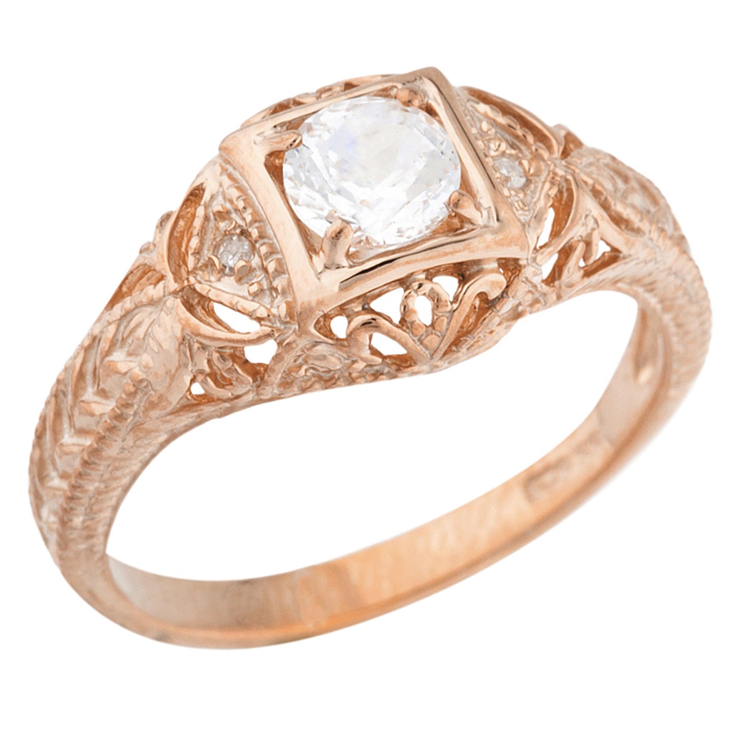 14Kt Gold White Sapphire & Diamond Design Round Ring