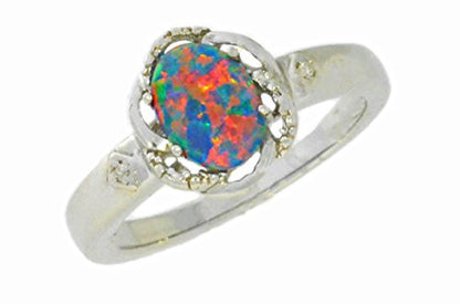 8x6mm Black Opal & Diamond Oval Ring .925 Sterling Silver Rhodium Finish