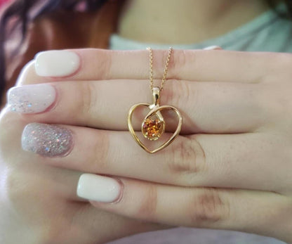 14Kt Gold Orange Citrine Heart Design Pendant Necklace