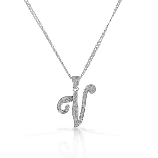 Letter V Cursive Initial CZ Pendant .925 Sterling Silver