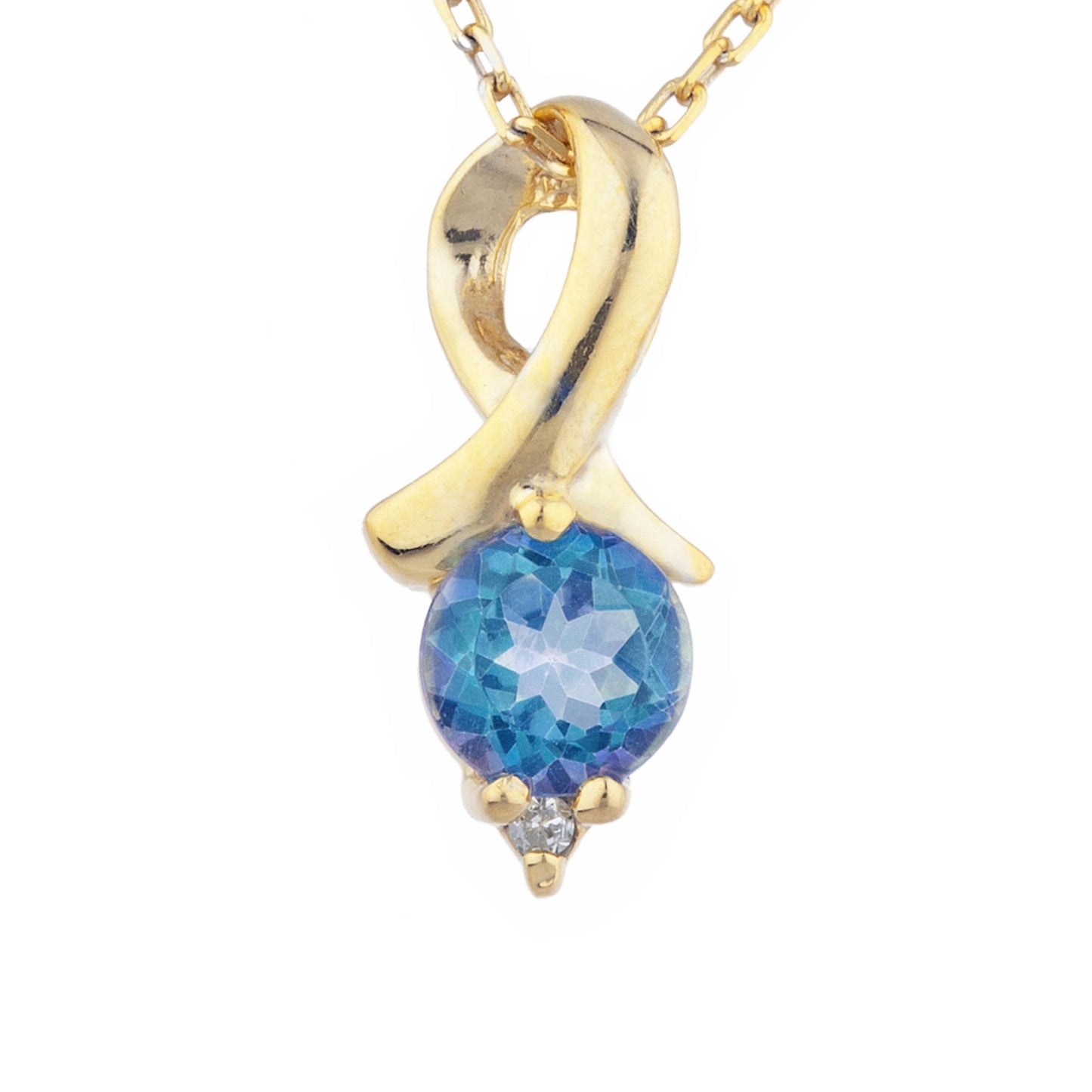 14Kt Gold Natural Blue Mystic Topaz & Diamond Round Design Pendant Necklace