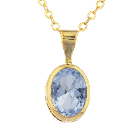 14Kt Gold Genuine Aquamarine Oval Bezel Pendant Necklace