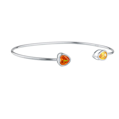 Orange Citrine Heart & Yellow Citrine Pear Bezel Bangle Bracelet .925 Sterling Silver Rhodium Finish