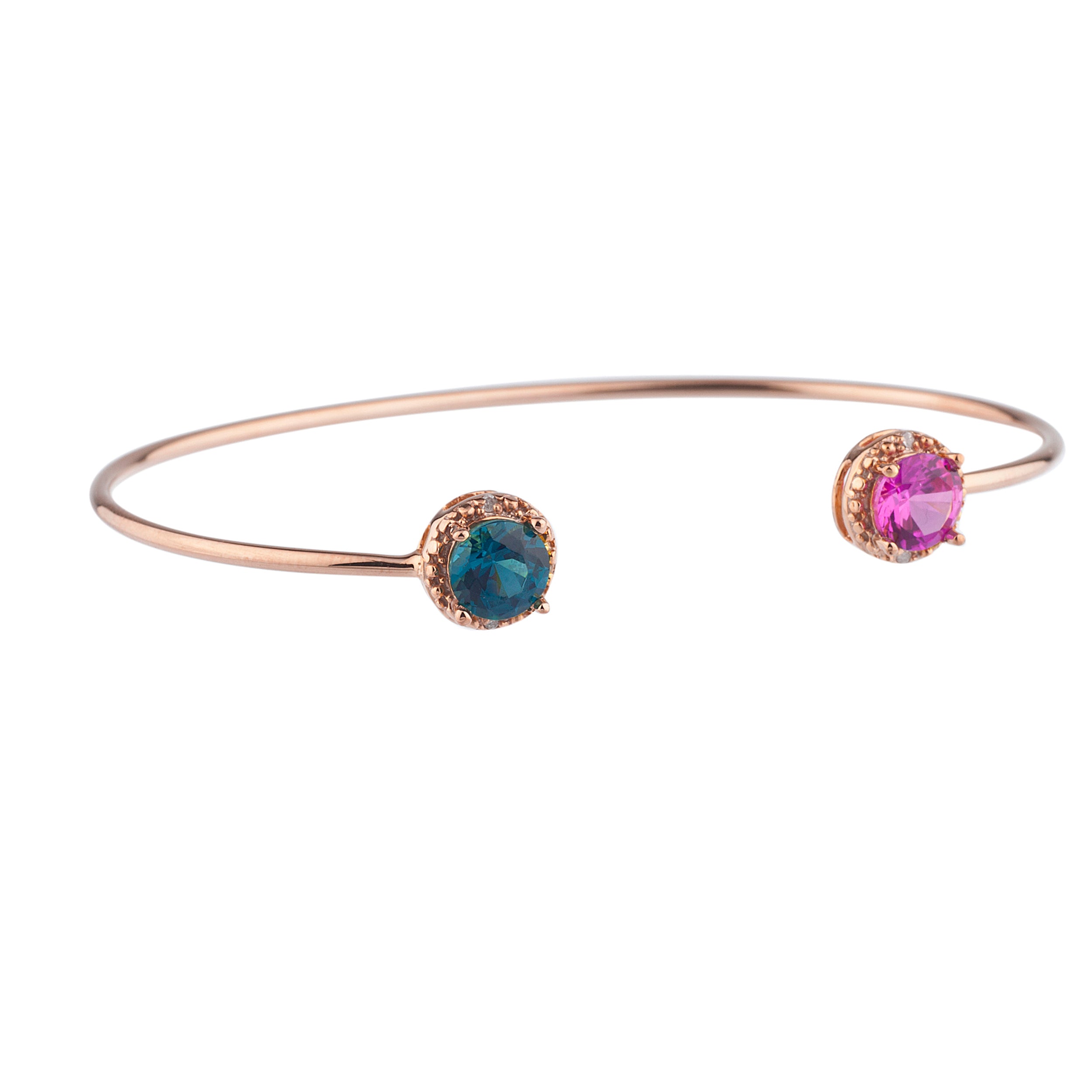 14Kt Gold Pink Sapphire & London Blue Topaz Diamond Round Bangle Bracelet