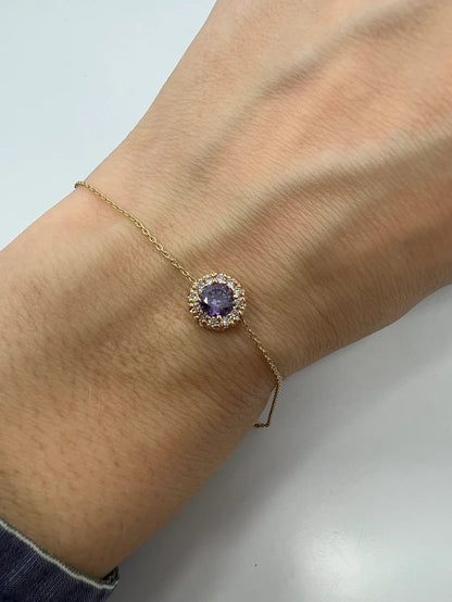 14Kt Gold Amethyst Halo Round Bracelet