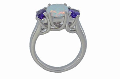 10x8mm Opal & Amethyst Oval Ring .925 Sterling Silver Rhodium Finish