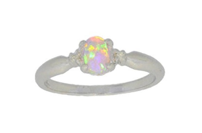 6x4mm Pink Opal & Diamond Oval Ring .925 Sterling Silver Rhodium Finish