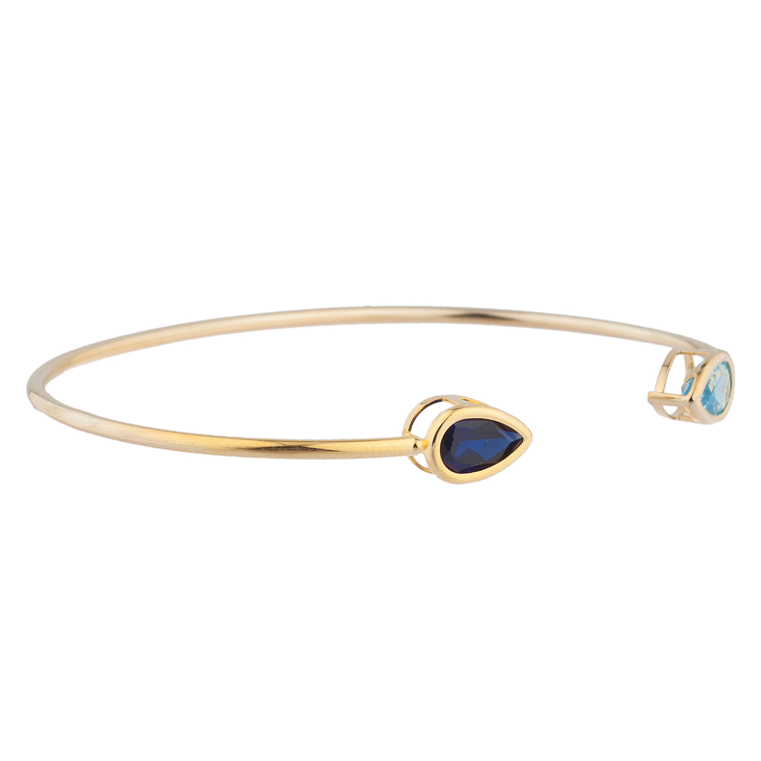 14Kt Gold Blue Sapphire & Blue Topaz Pear Bezel Bangle Bracelet