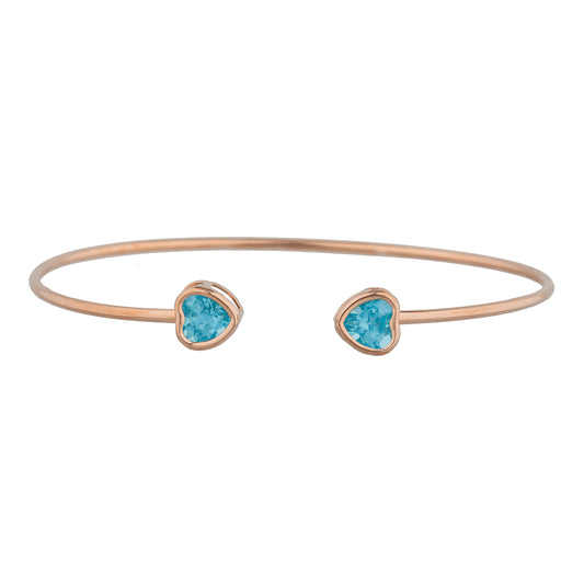 14Kt Rose Gold Plated Blue Topaz Heart Bezel Bangle Bracelet