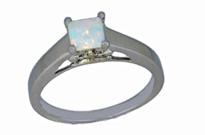 5mm Opal & Diamond Princess Cut Ring .925 Sterling Silver Rhodium Finish