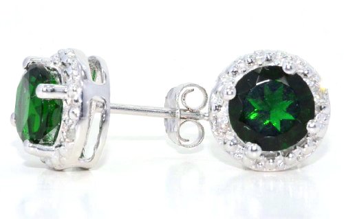 14Kt White Gold Emerald & Diamond Round Stud Earrings