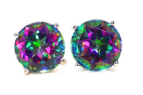 Natural Mystic Topaz Round Stud Earrings 14Kt White Gold