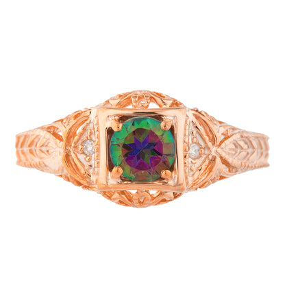 14Kt Gold Natural Mystic Topaz & Diamond Design Round Ring