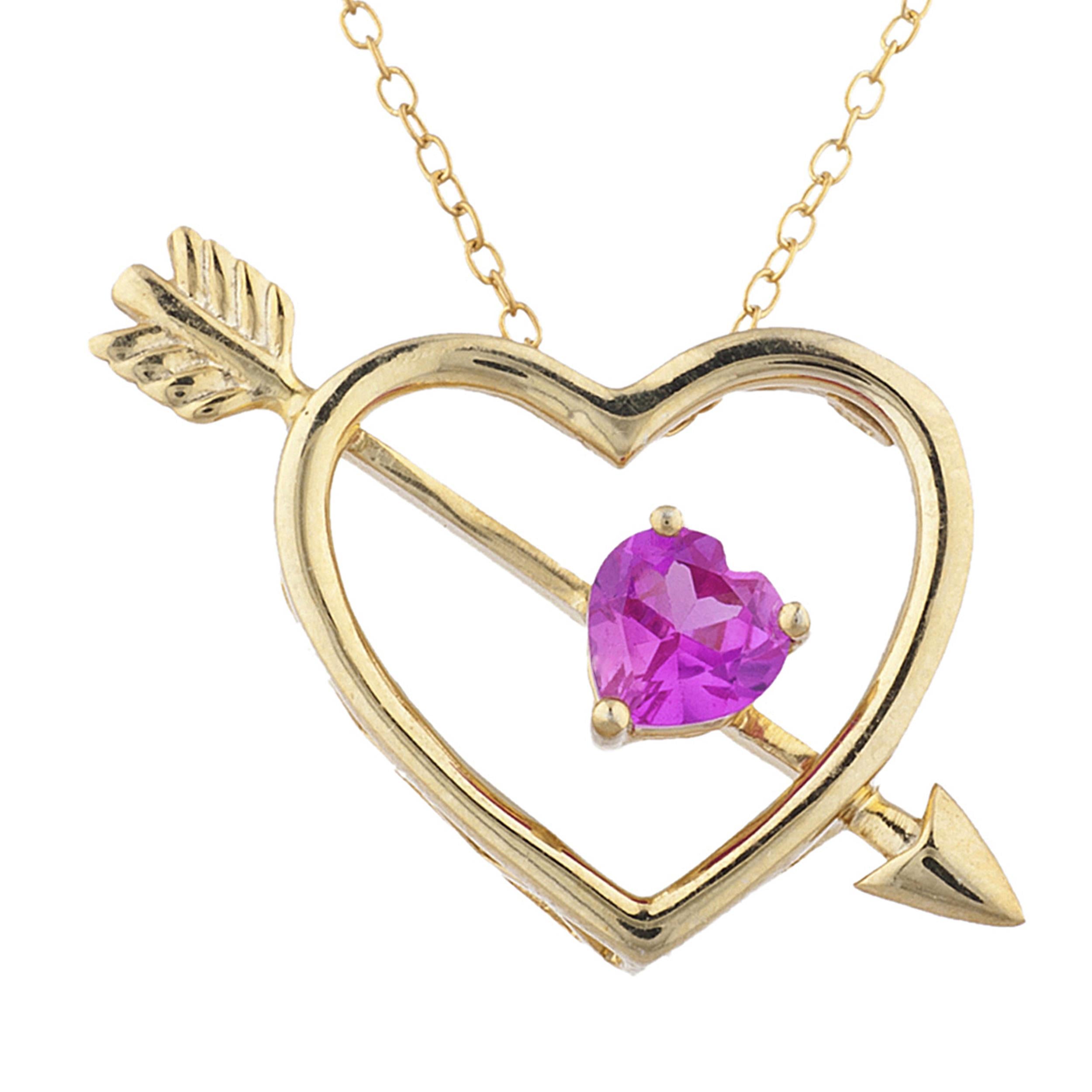 14Kt Gold Pink Sapphire Heart Bow & Arrow Pendant Necklace