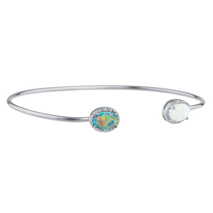 Black & White Opal Diamond Bangle Oval Bracelet .925 Sterling Silver Rhodium Finish