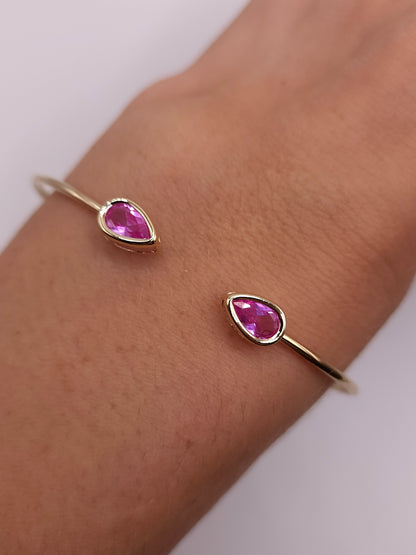 14Kt Gold Pink Sapphire Pear Bezel Bangle Bracelet