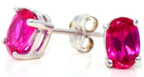 1 Carat Created Ruby Oval Stud Earrings .925 Sterling Silver