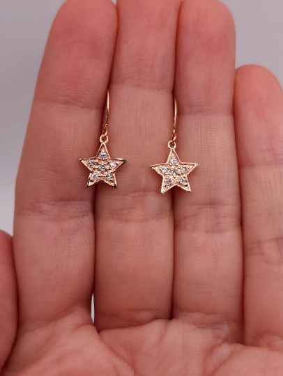 14Kt Gold Genuine Natural Diamond Star Dangle Earrings