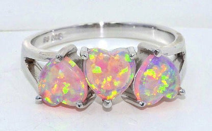 6mm Pink Opal Heart Ring .925 Sterling Silver Rhodium Finish