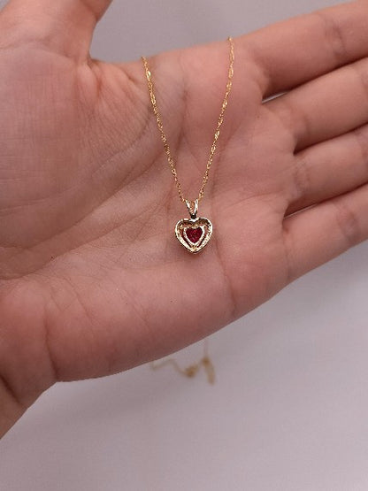14Kt Gold Created Ruby & Diamond Heart Pendant Necklace