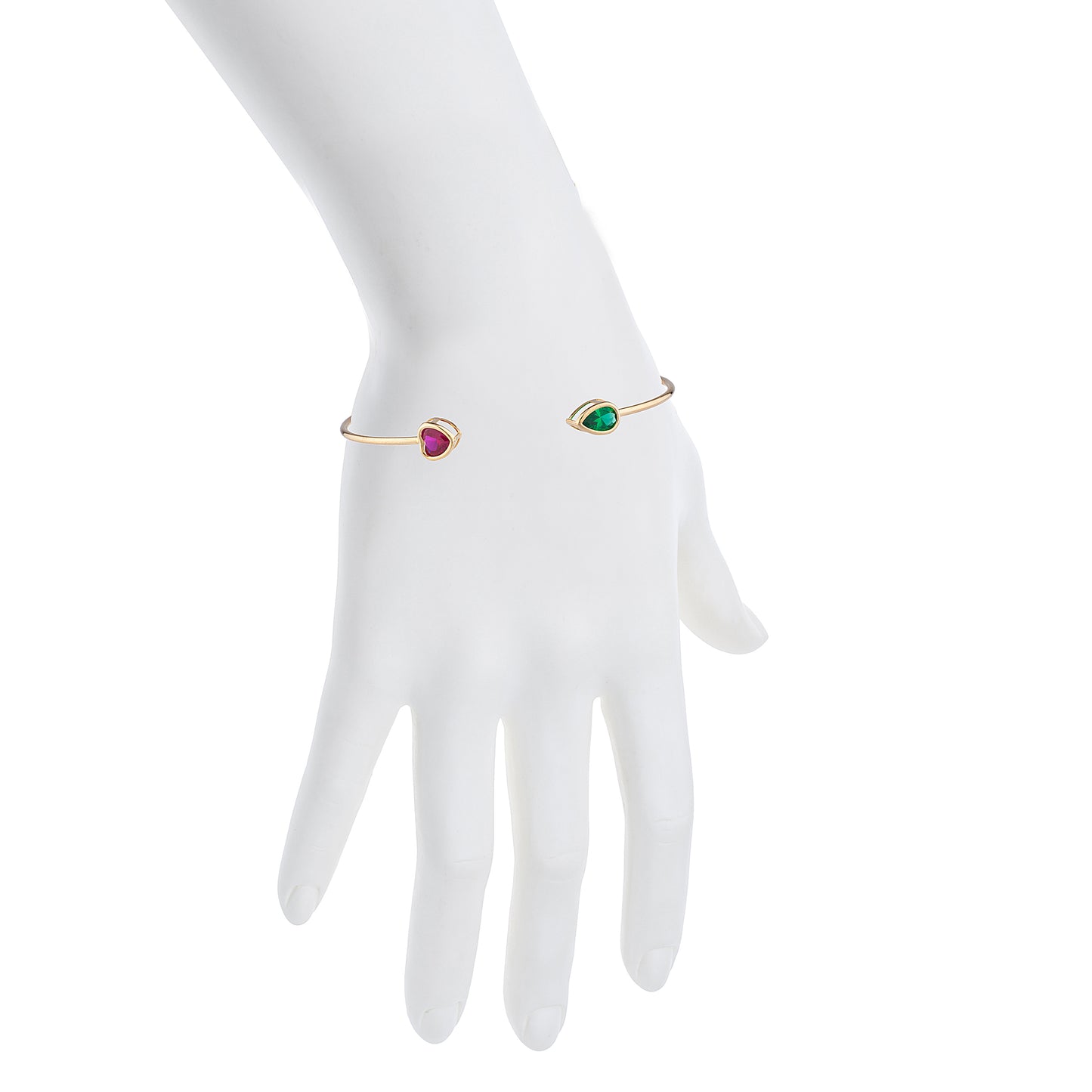 Created Ruby Heart & Emerald Pear Bezel Bangle Bracelet 14Kt Yellow Gold Plated Over .925 Sterling Silver