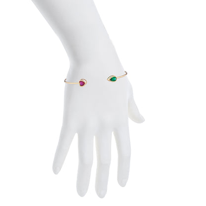 Created Ruby Heart & Emerald Pear Bezel Bangle Bracelet 14Kt Yellow Gold Plated Over .925 Sterling Silver