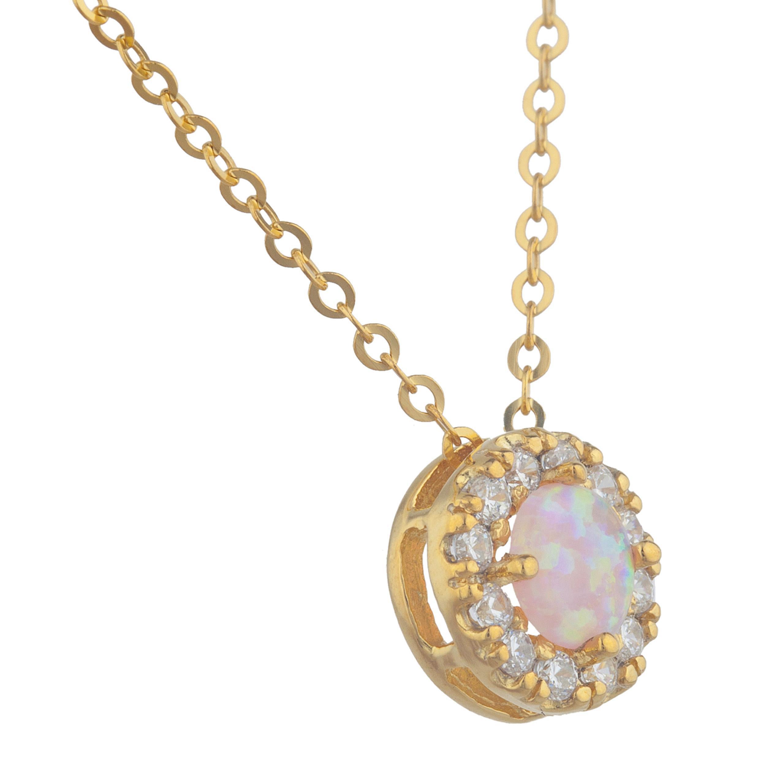 14Kt Gold Pink Opal Halo Design Pendant Necklace