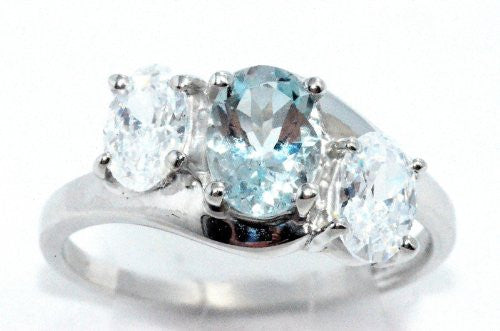 2 Ct Genuine Aquamarine & Zirconia Oval Ring .925 Sterling Silver Rhodium Finish