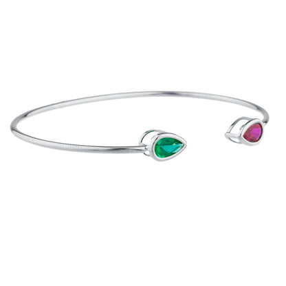 Created Ruby & Emerald Pear Bezel Bangle Bracelet .925 Sterling Silver