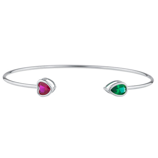 Created Ruby Heart & Emerald Pear Bezel Bangle Bracelet .925 Sterling Silver Rhodium Finish