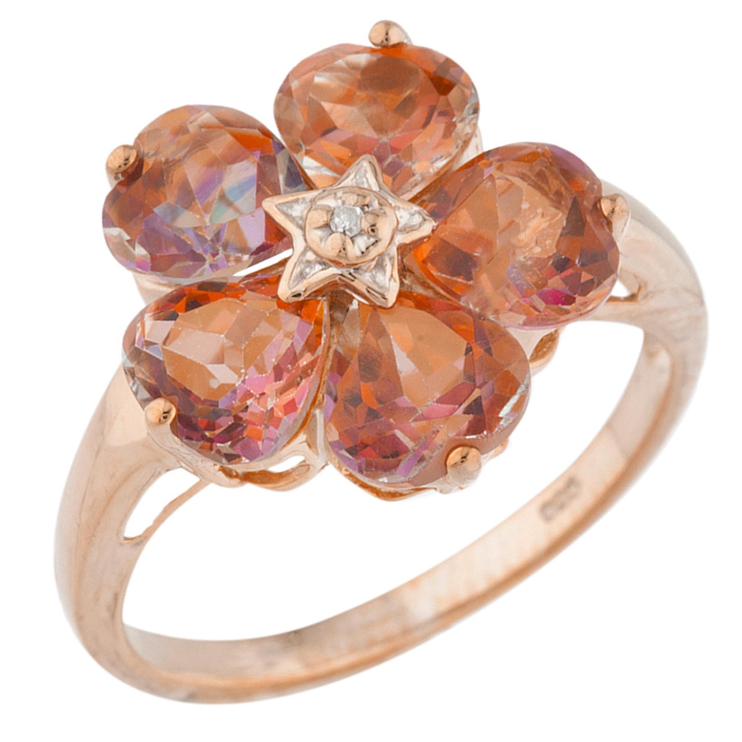 14Kt Gold Natural Ecstasy Mystic Topaz & Diamond Heart Flower Design Ring