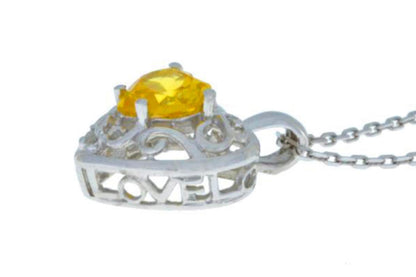 1 Ct Citrine & Diamond Heart Love Engraved Pendant .925 Sterling Silver Rhodium Finish