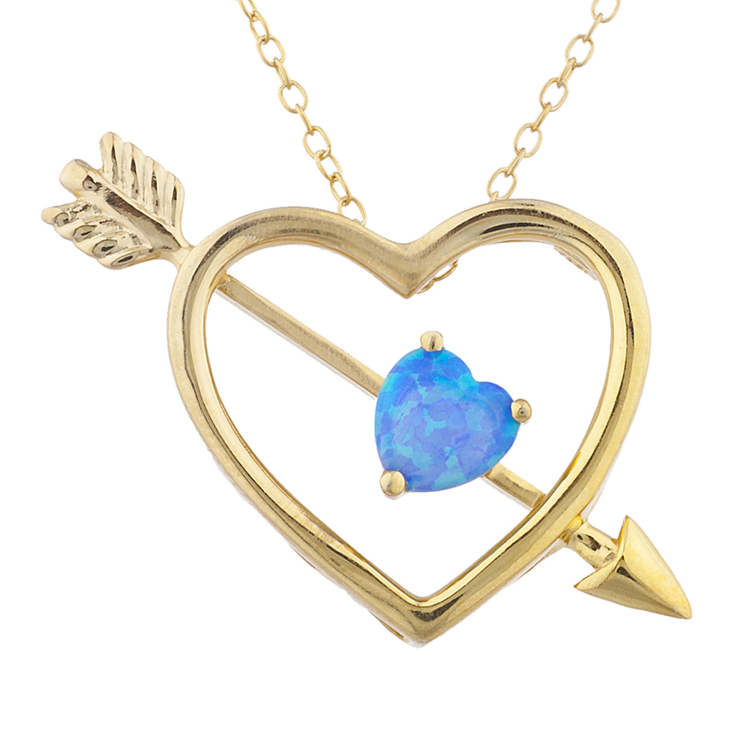14Kt Gold Blue Opal Heart Bow & Arrow Pendant Necklace