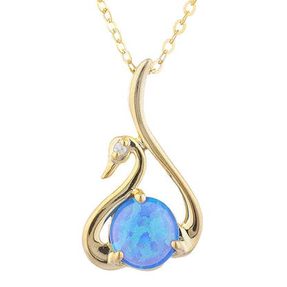 14Kt Yellow Gold Plated Blue Opal & Diamond Swan Pendant