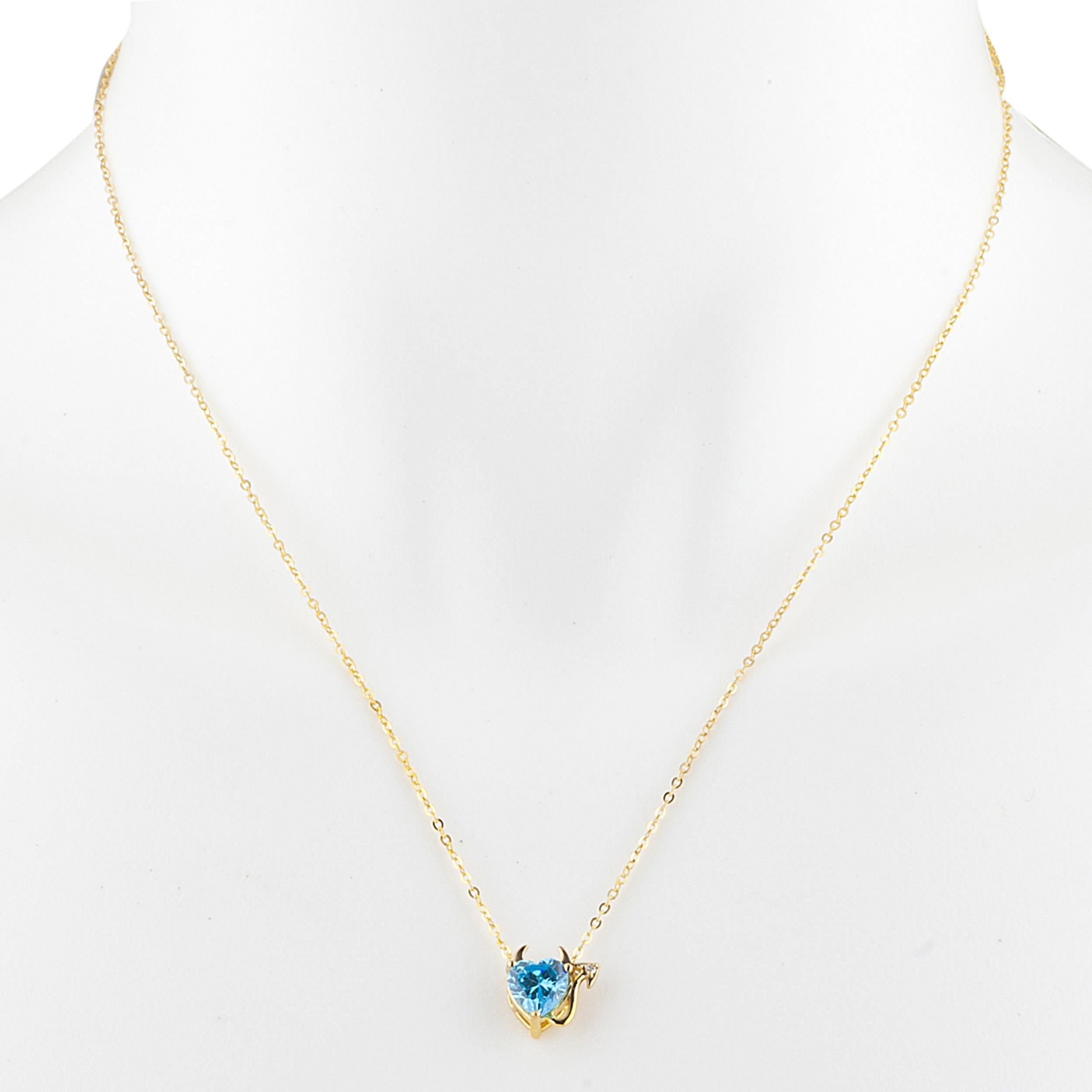 14Kt Gold 1.5 Ct Swiss Blue Topaz & Diamond Devil Heart Pendant Necklace