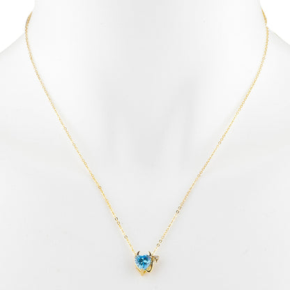 14Kt Gold 1.5 Ct Swiss Blue Topaz & Diamond Devil Heart Pendant Necklace