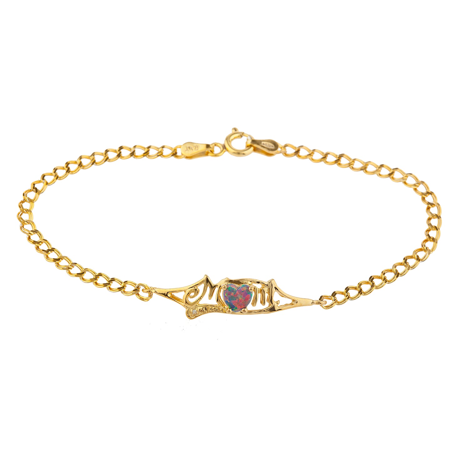 Black Opal & Diamond Heart Mom Bracelet 14Kt Yellow Gold Plated Over .925 Sterling Silver