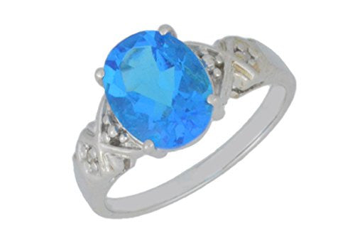 3 Ct Swiss Blue Topaz & Diamond Oval Ring .925 Sterling Silver Rhodium Finish