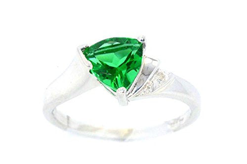 1.5 Ct Created Emerald & Diamond Trillion Ring .925 Sterling Silver Rhodium Finish