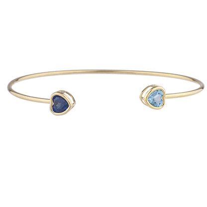 Created Blue Sapphire & Blue Topaz Heart Bezel Bangle Bracelet 14Kt Yellow Gold Plated Over .925 Sterling Silver