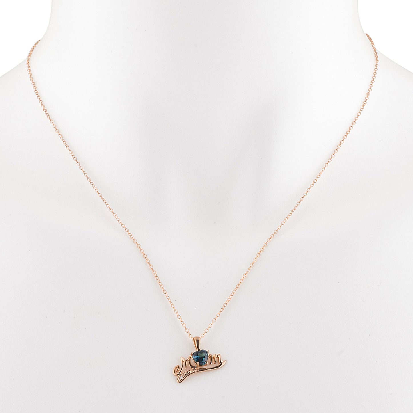 14Kt Rose Gold Plated London Blue Topaz & Diamond Heart Mom Pendant