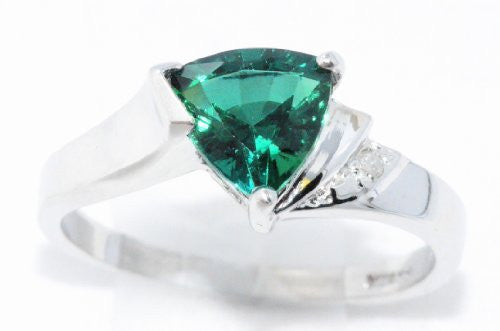 1.5 Ct Created Emerald & Diamond Trillion Ring .925 Sterling Silver Rhodium Finish