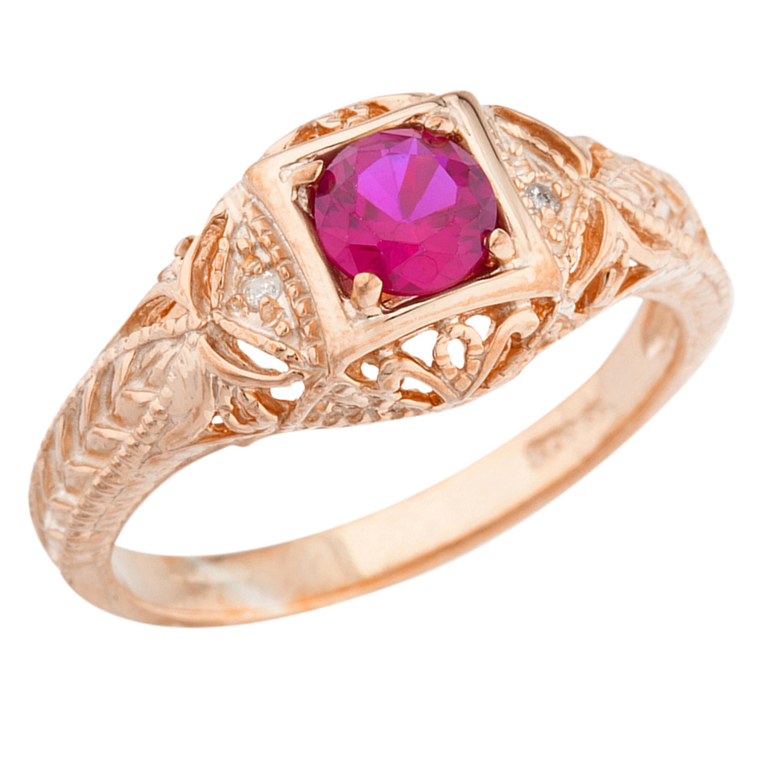 14Kt Gold Created Ruby & Diamond Design Round Ring