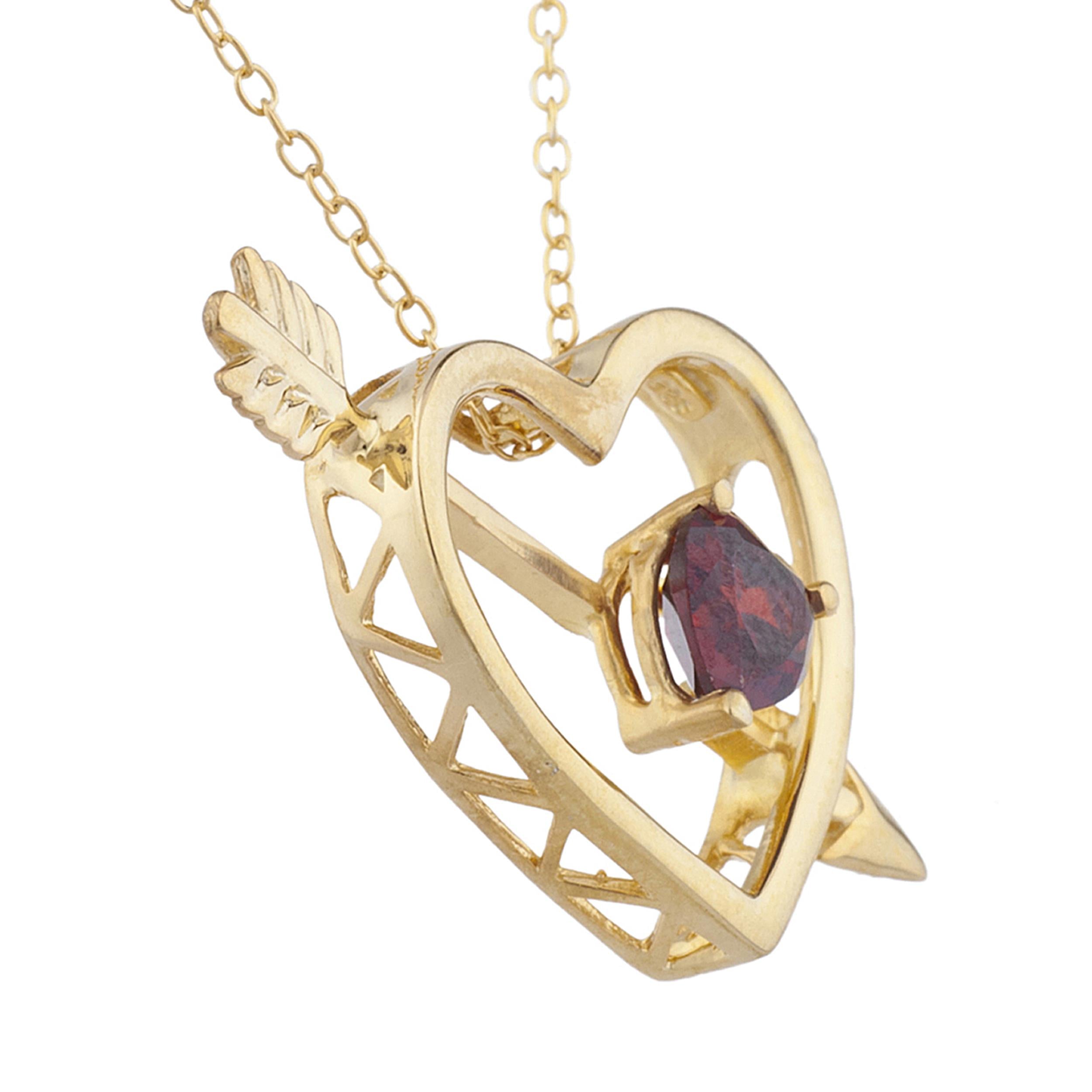 14Kt Gold Garnet Heart Bow & Arrow Pendant Necklace
